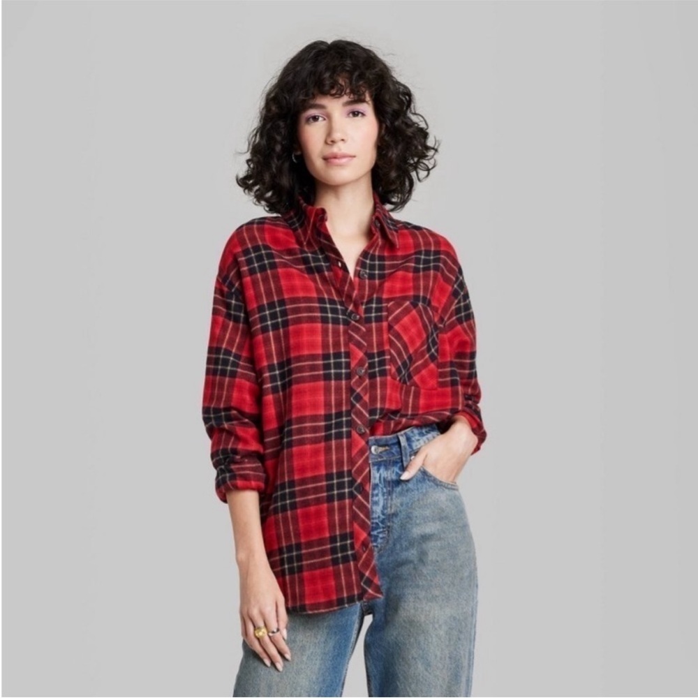 Wild Fable Women’s Long Sleeve Hi-Low Oversized Red Flannel Shirt Sz M